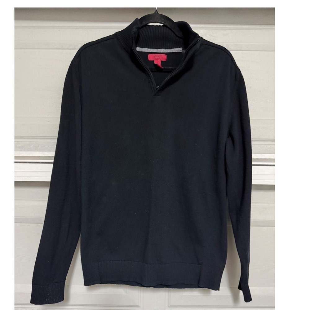 Alfani Sweater Mens M Slim Fit Quarter Zip Black 100% Cotton Mock Neck essential